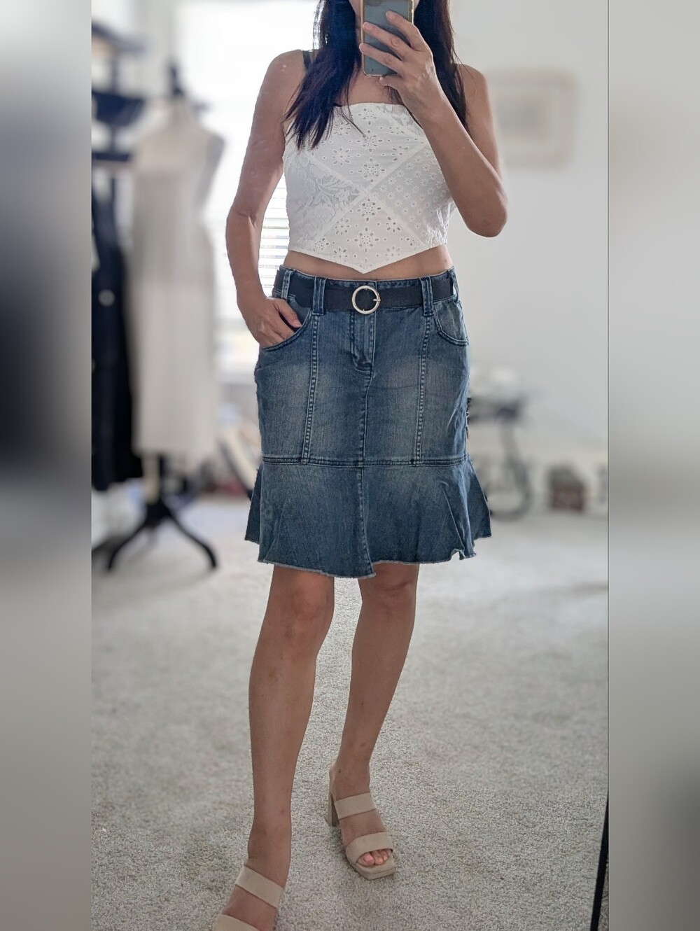 DKNY Blue Denim A-Line Skirt With Flounce Hem